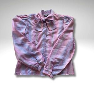 VTG Pink and Blue Striped Pussybow Blouse | Secretary Top | Size 6P/Small